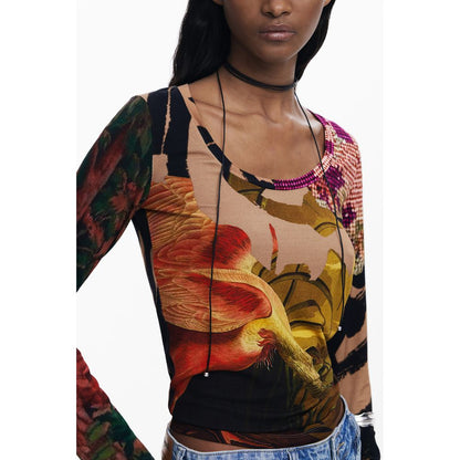 Desigual Brown Elastane Women T-Shirt with Japon Lacroix design and wide neckline, showcasing vibrant patterns and style.