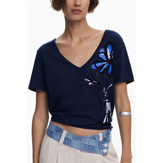 Desigual Blue Cotton Women T-Shirt with V-neck and vibrant print, perfect blend of comfort and style, wearing model close-up.