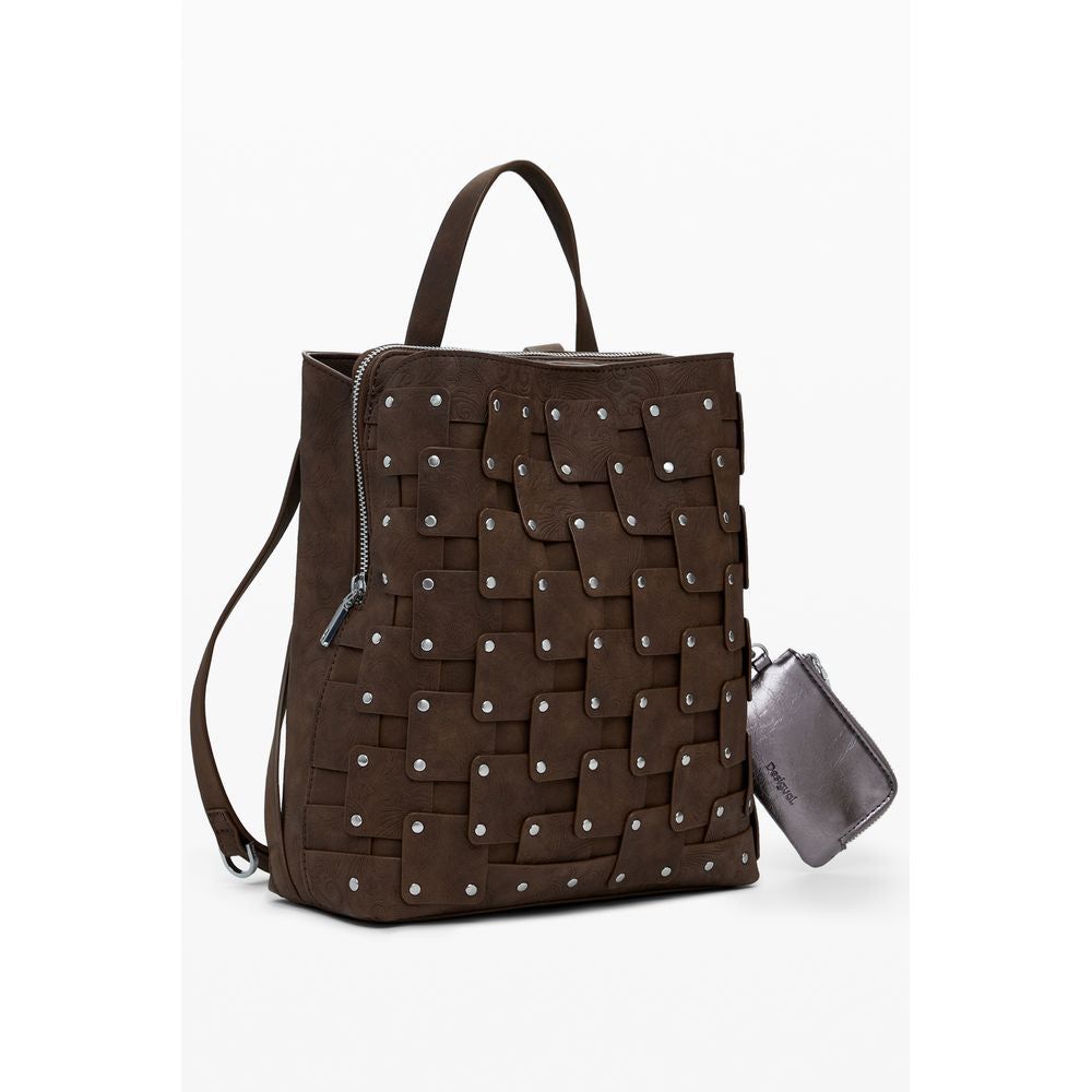 Desigual Brown Polyethylene Women Backpack with studs and sleek design, perfect for fashion-forward women, featuring adjustable straps.