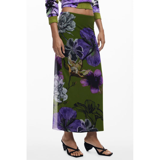 Desigual Green Polyester Women Skirt with floral pattern, elastic waist, and bold logo accent. Long and stylish statement piece.