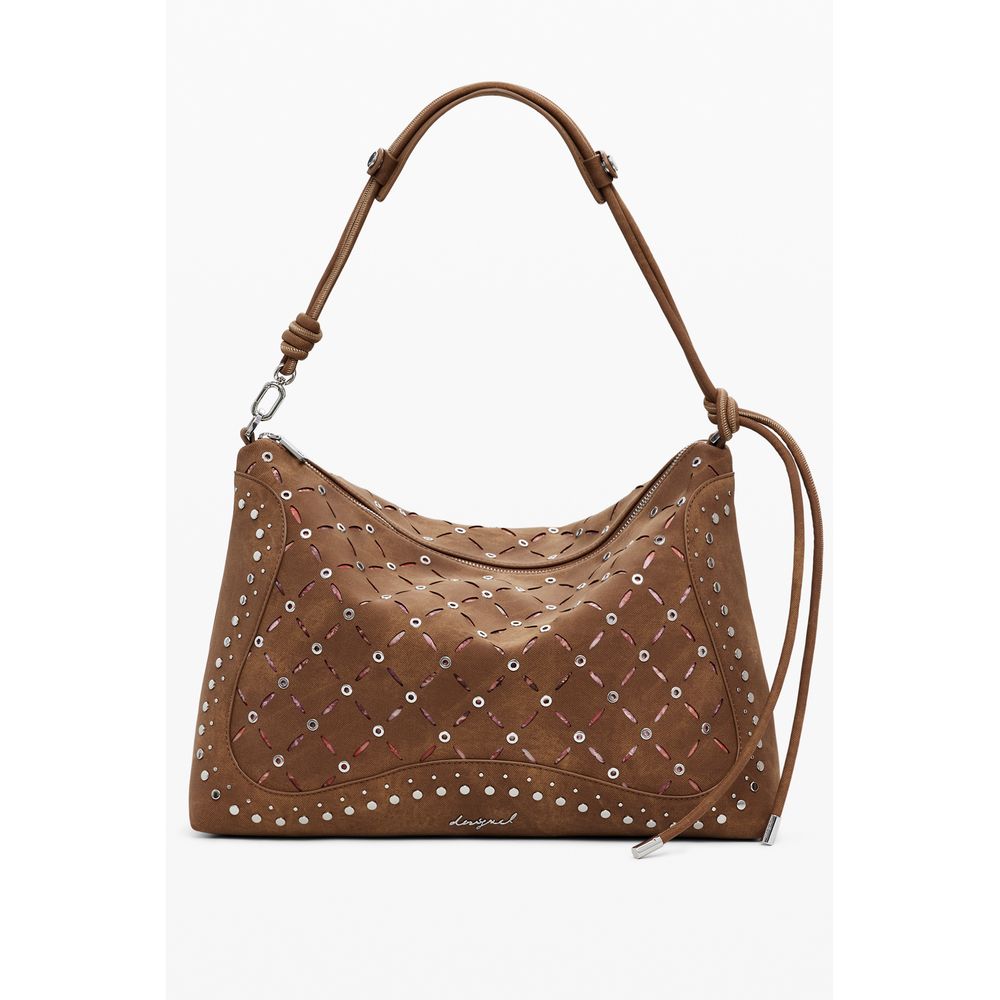 Desigual Brown Polyethylene Women Handbag with adjustable strap and zip closure, featuring chic design and prominent logo.