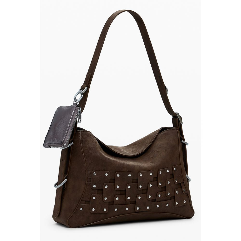 Desigual Brown Polyethylene Women Handbag with removable shoulder strap and contrasting details, featuring a stylish and secure magnetic closure.