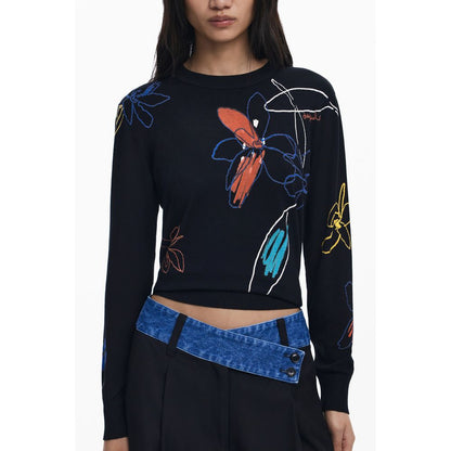 Desigual Black Viscose Women Sweater with floral art-inspired design and crew neck.