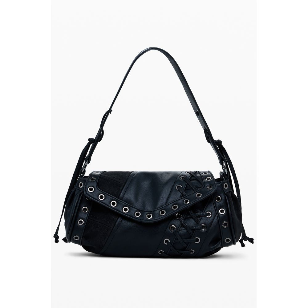 Desigual Black Polyethylene Women Handbag with adjustable strap and patch design.