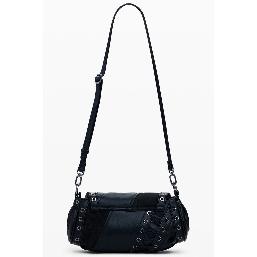 Desigual Black Polyethylene Women Handbag with adjustable strap and patch design.