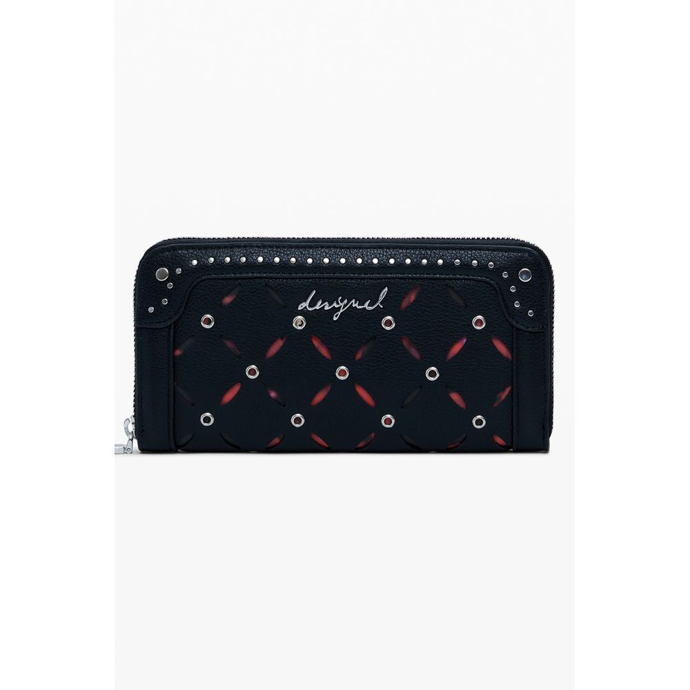 Desigual Black Polyethylene Women Wallet with contrasting details and zip, showcasing chic design and functionality.