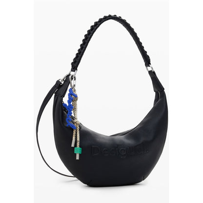 Desigual Black Polyethylene Women Handbag with unique relief print, removable handle, and adjustable straps for style and convenience.