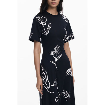 Desigual Black Cotton Women Dress with bold floral print and short sleeves, featuring a classic crew neck for a chic, eclectic look.