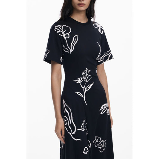Desigual Black Cotton Women Dress with bold floral print, short sleeves, and crew neck, showcasing eclectic chic design and comfortable fit.