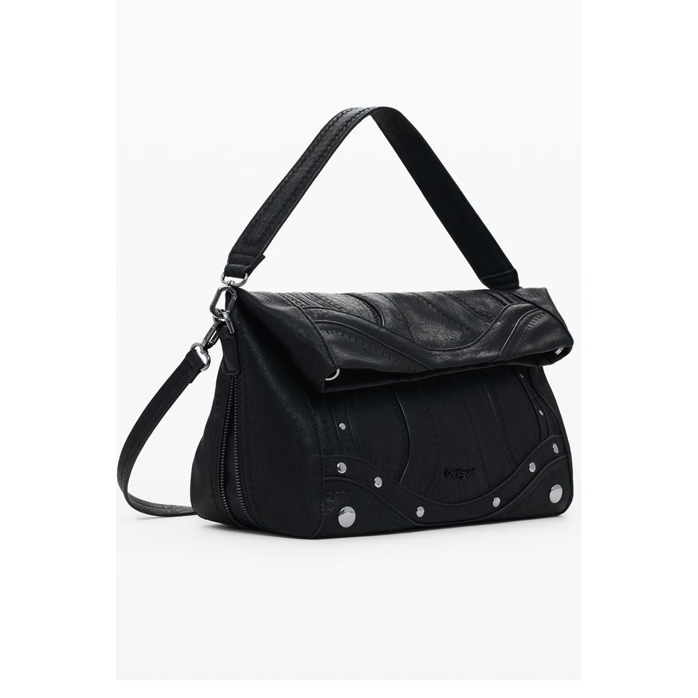 Desigual Black Polyethylene Women Handbag with embroidery and removable straps, versatile and secure with zip and magnet closure.