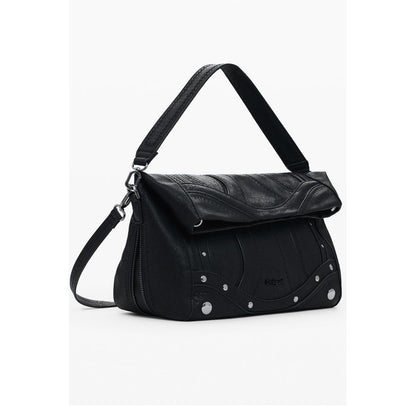 Desigual Black Polyethylene Women Handbag with embroidery and removable straps, versatile and secure with zip and magnet closure.