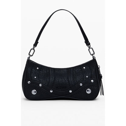 Desigual Black Polyethylene Women Handbag with zip-expandable bottom and removable handle, iconic logo, and contrasting details.
