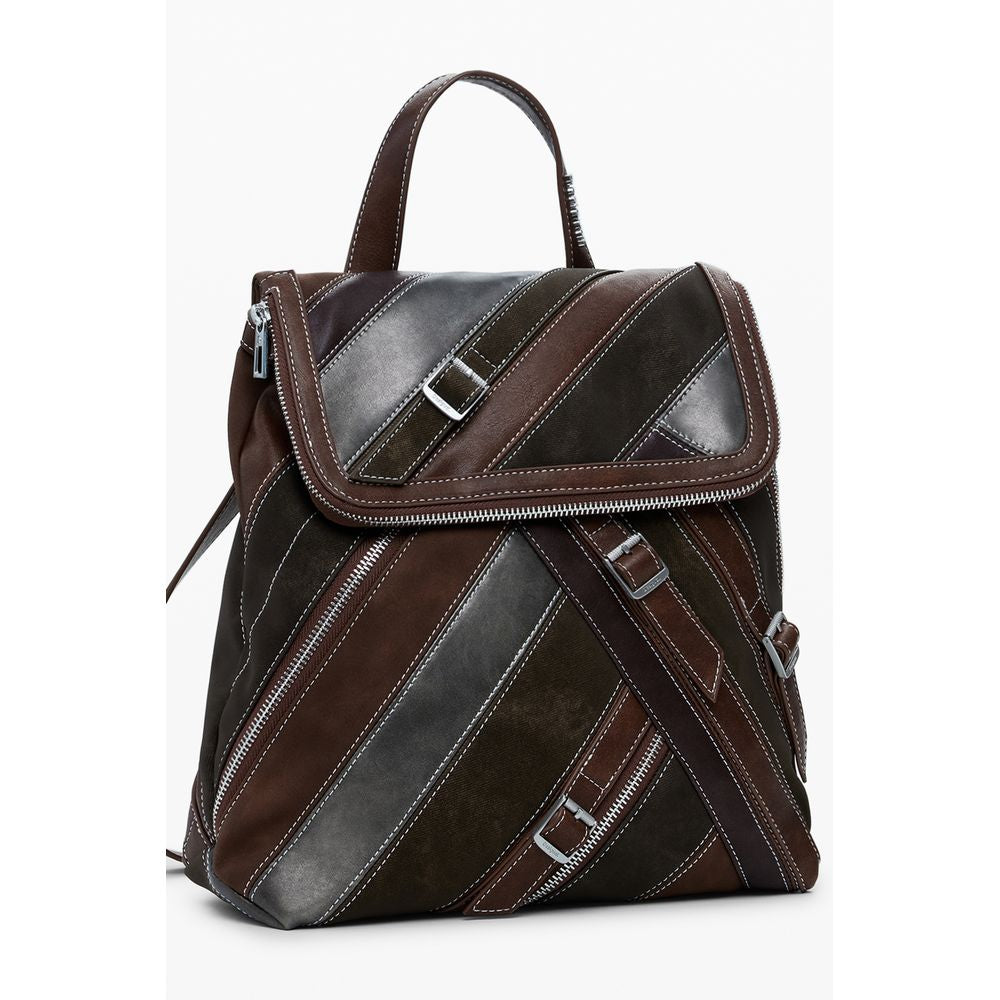 Desigual Brown Polyethylene Women Backpack with striped design and secure closure for fashion-forward functionality.