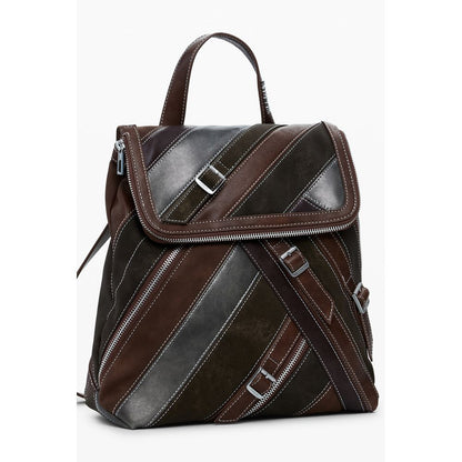 Desigual Brown Polyethylene Women Backpack with striped design and secure closure for fashion-forward functionality.