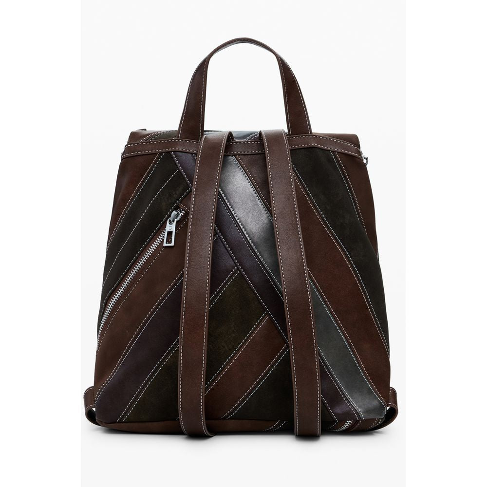 Desigual Brown Polyethylene Women Backpack with contrasting stripes and secure zip closure, perfect for style and practicality.