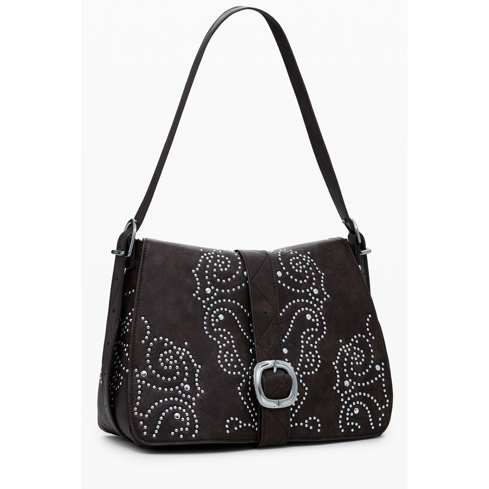 Desigual Brown Polyethylene Women Handbag with chic studs and adjustable strap, featuring versatile pockets for fashionable functionality.