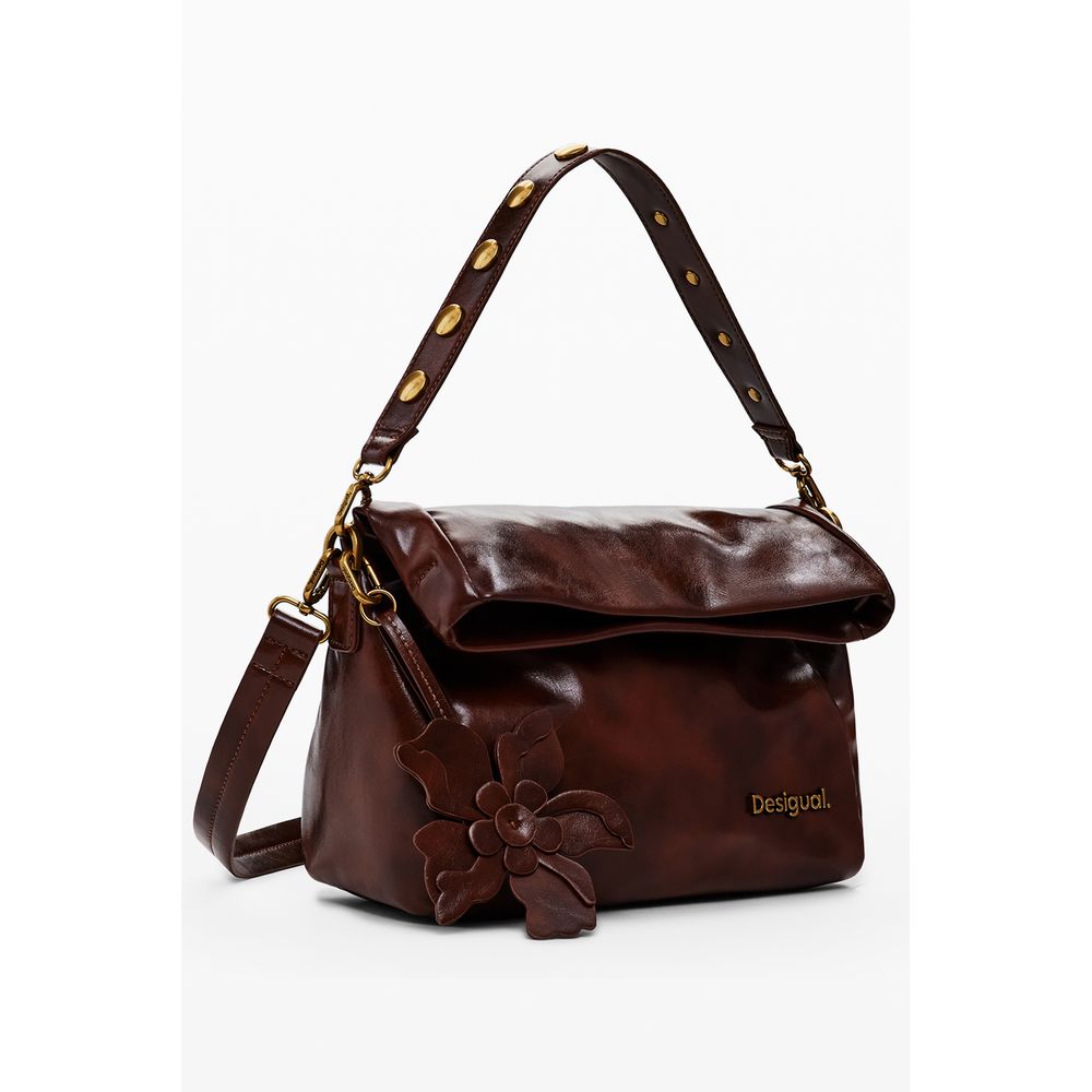 Desigual Brown Polyethylene Women Handbag with floral detail and adjustable strap, featuring a secure zip and external pocket.
