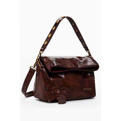Desigual Brown Polyethylene Women Handbag with floral detail and adjustable strap, featuring a secure zip and external pocket.