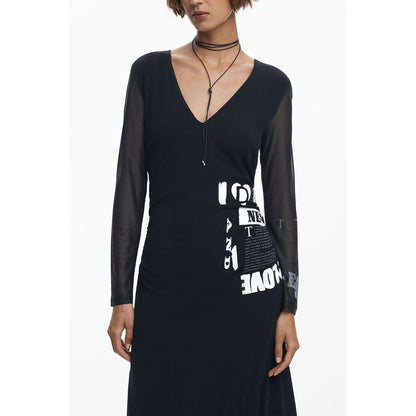 Desigual Black Polyester Women Dress with V-neck and long sleeves, featuring bold design elements and contrasting details.