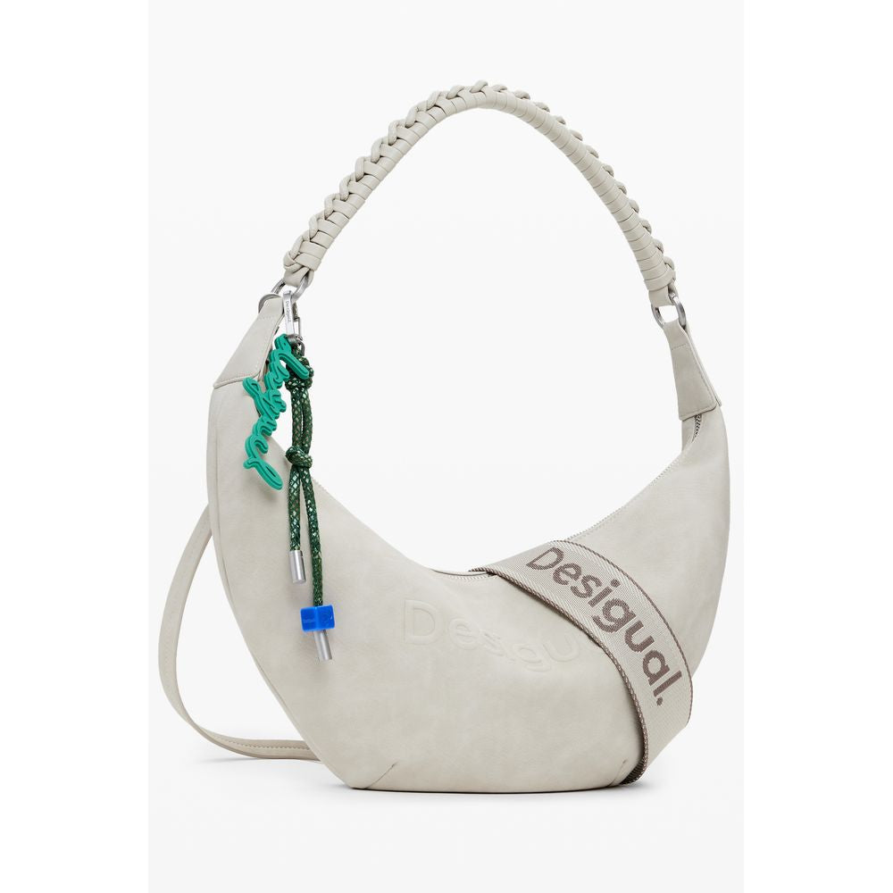 Desigual Beige Polyethylene Women Handbag with removable shoulder strap and relief print logo.