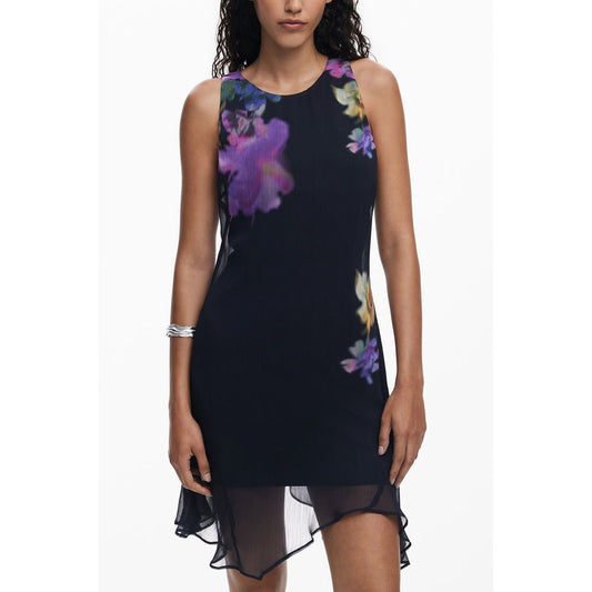 Desigual Black Polyester Women Dress with floral print, sleeveless crew neck, button detail, designer logo, and signature aesthetic.