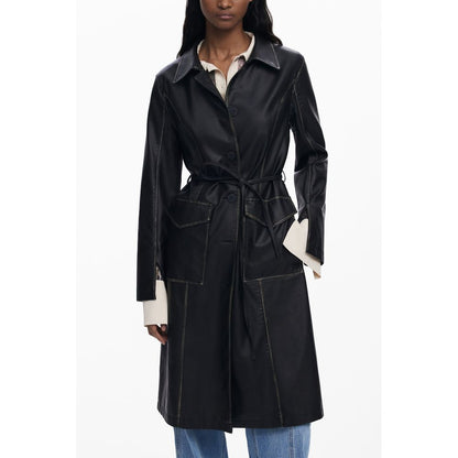 Desigual Black Polyethylene Women Coat with waist-cinching belt and contrasting accents for elegance.
