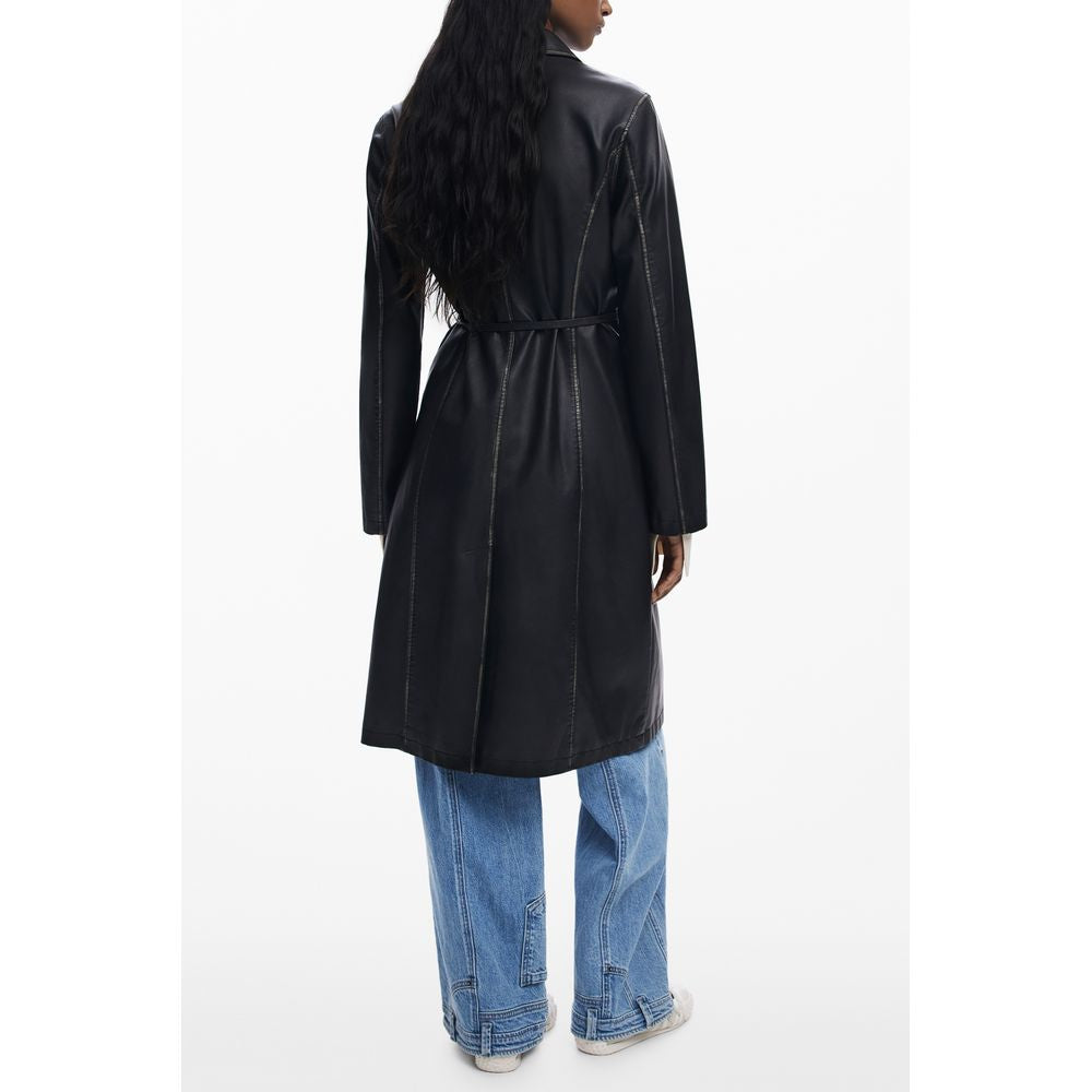 Desigual Black Polyethylene Women Coat with waist belt, showcasing elegant back view, contrasting accents, and casual style.