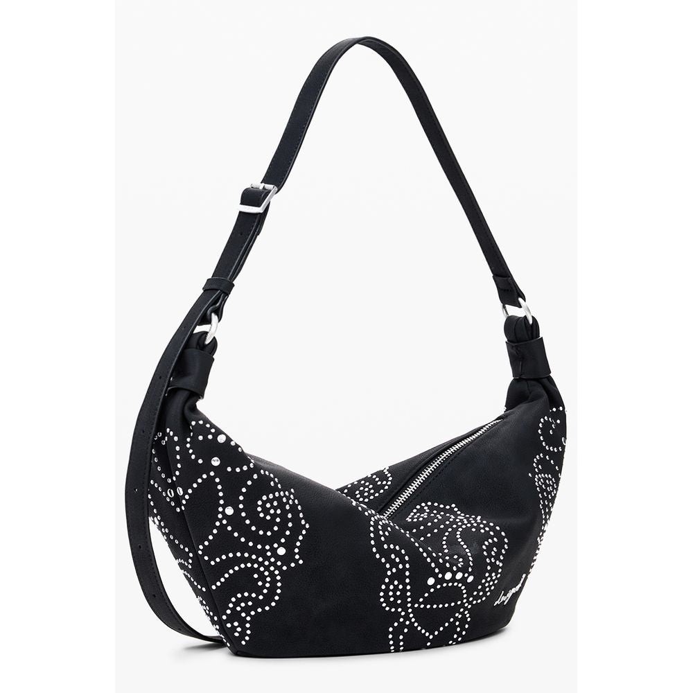 Desigual Black Polyethylene Women Handbag with stud embellishments, adjustable strap, and zip closure for stylish functionality.