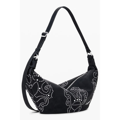 Desigual Black Polyethylene Women Handbag with stud embellishments, adjustable strap, and zip closure for stylish functionality.