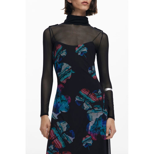 Desigual Black Polyester Women Dress with watercolor design and high-neck T-shirt, featuring adjustable straps for stylish layering.