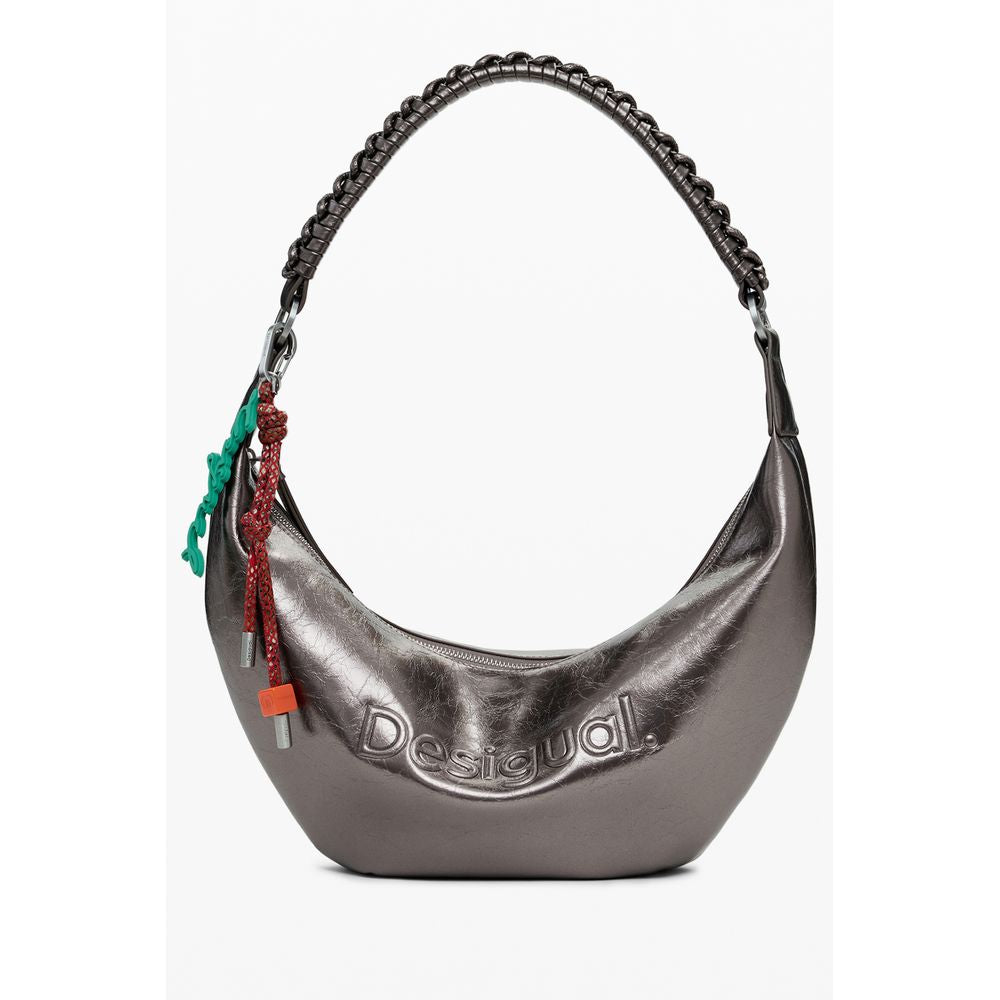 Desigual Bronze Polyethylene Women Handbag with bold relief print, zip closure, and removable shoulder handle, showcasing vibrant style.
