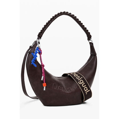 Desigual Brown Polyethylene Women Handbag with embossed logo and adjustable straps, perfect for versatile style and secure storage.