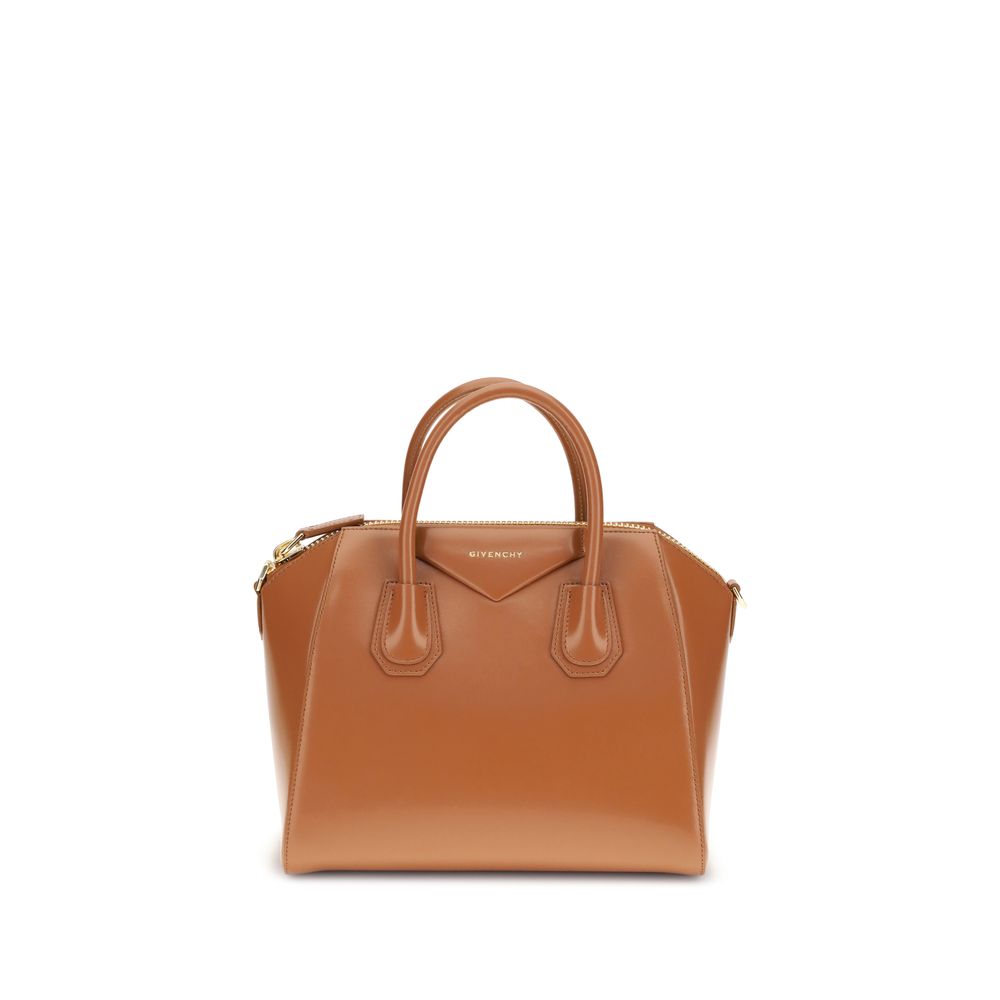 Givenchy Brown Calf Leather Bos Taurus Handbag with glossy finish and laminated logo, featuring two handles and a removable shoulder strap.