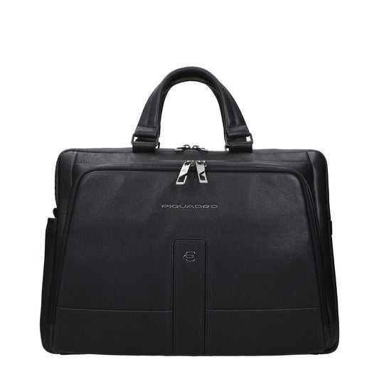 Piquadro Black Leather Business And Laptop Bag with vintage effect, adjustable and removable shoulder strap, for iPad/PC cases, MPN CA6025S129N.