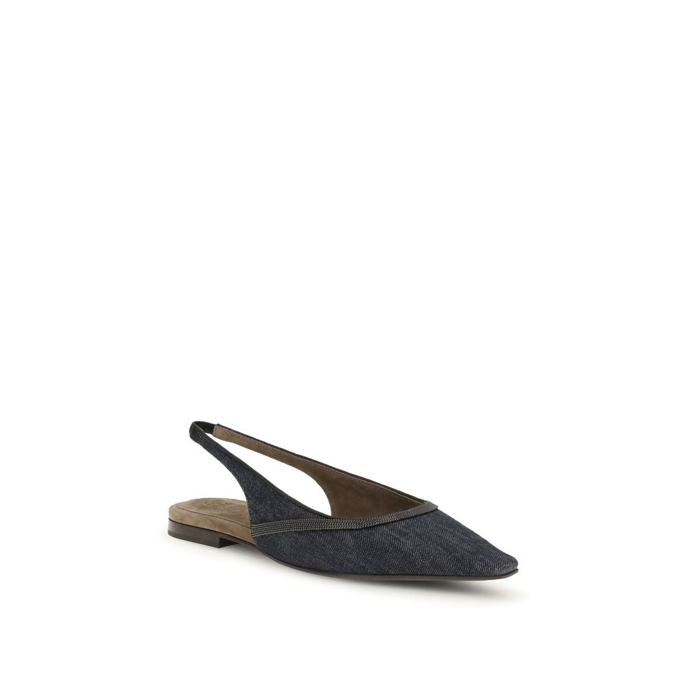 Brunello Cucinelli Blue Cotton Ballet Flats with slingback design and jewel decoration, featuring slip-resistant leather sole.