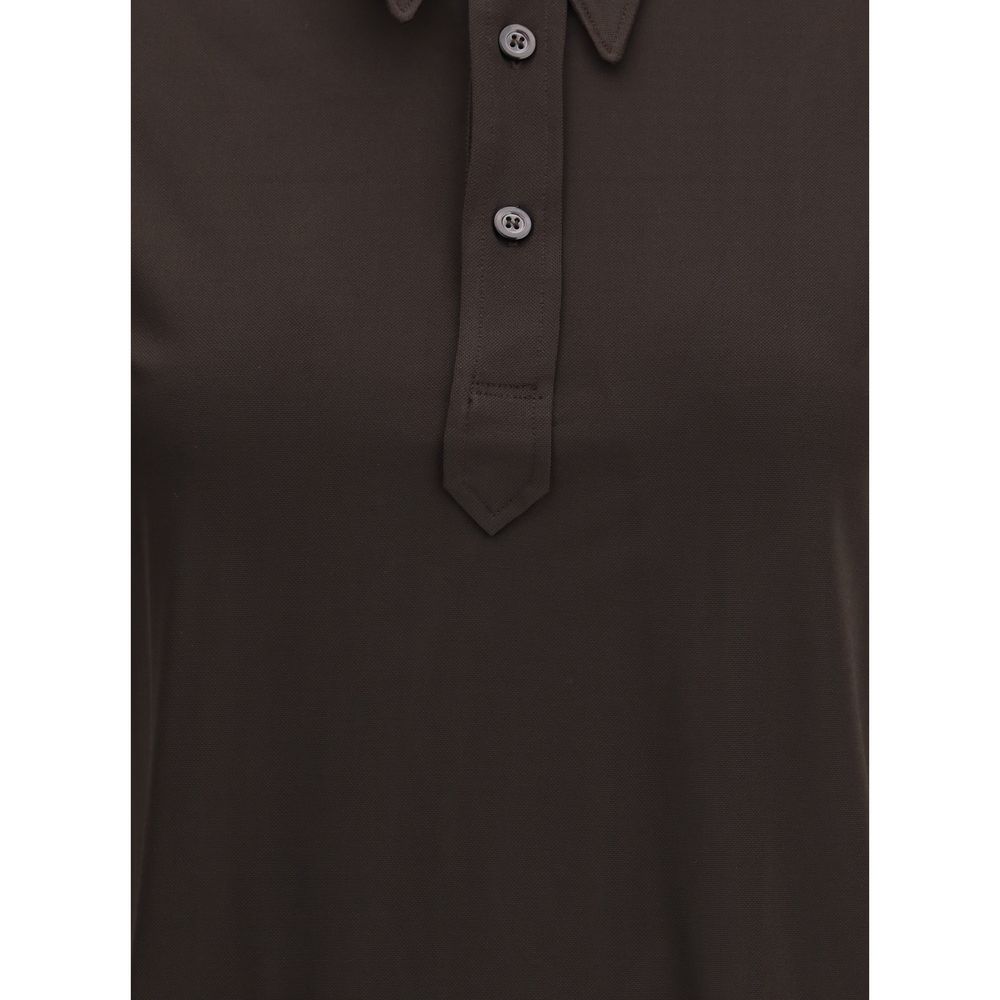 Close-up of Margiela Brown Viscose Polo Shirt with classic collar and four-button front, showcasing semi-sheer fabric and minimalist design.