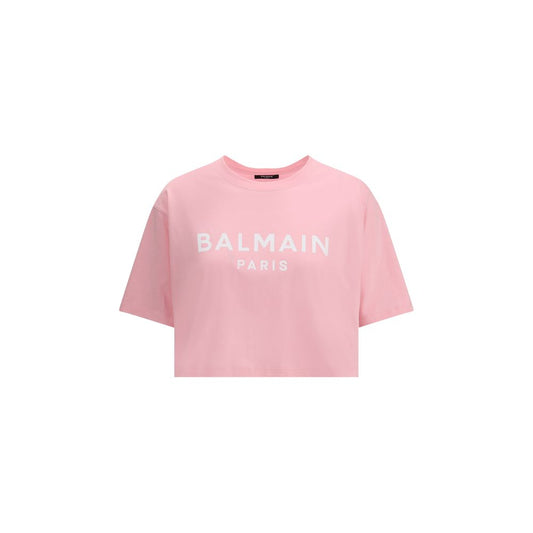 Balmain Multicolor Cotton T-Shirt with logo, cropped design, crew neck, and elegant urban style. Ideal for a sophisticated look.