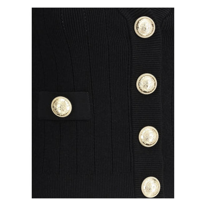 Close-up of Balmain Black Viscose Cardigan with embossed gold buttons, cropped design, V-neck, monochrome pattern, slim fit.