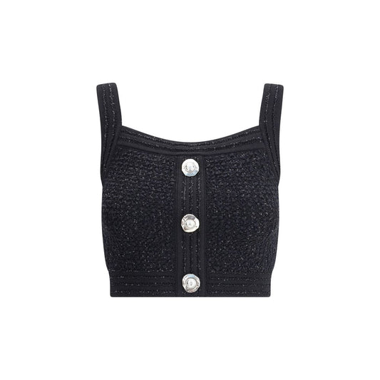 Balmain Black Polyamide Top with tweed fabric, square neckline, and embossed buttons.