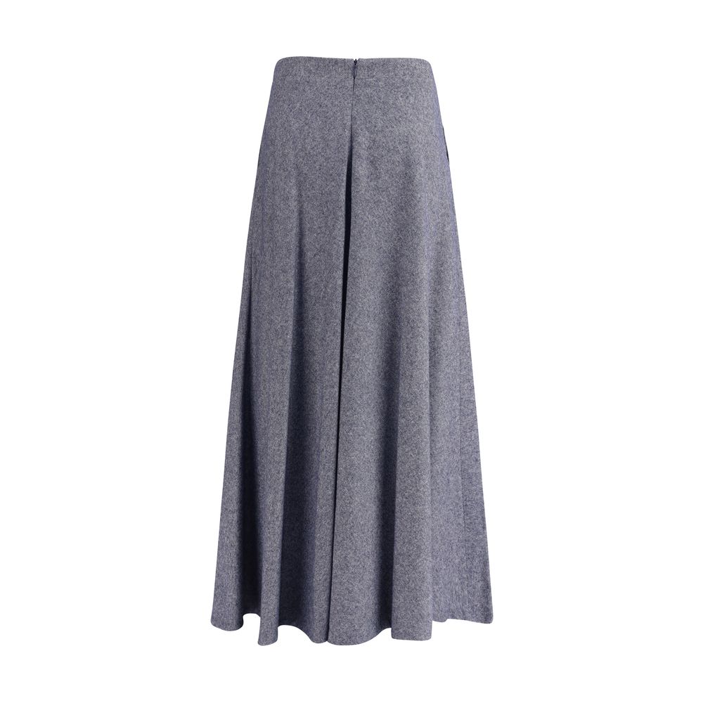 Sara Roka Blue Cotton Midi Skirt with flared silhouette and side zipper closure, made from denim-effect fabric, adds elegance and practicality.