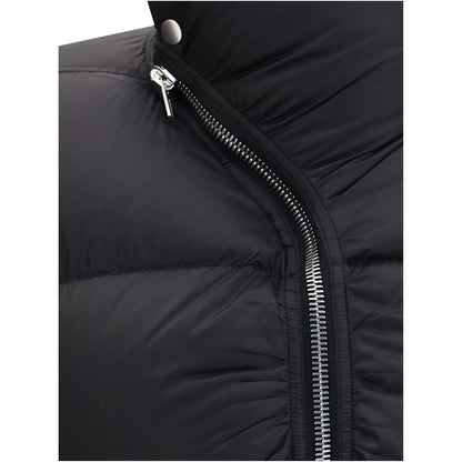 Close-up of Rick Owens Black Polyamide Jackets And Coat with quilted design and high collar zipper detail.