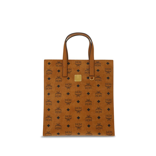 MCM Brown Polyethylene Shoulder Bag with brand monogram pattern and embossed plaque, tote design with adjustable strap.