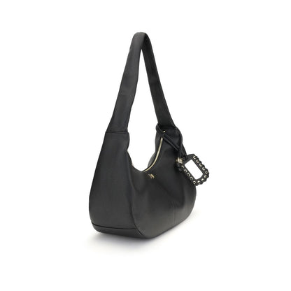 Ganni Black Recycled Polyester Shoulder Bag with gold-tone logo and dice charm, featuring a practical shoulder strap and zippered closure.