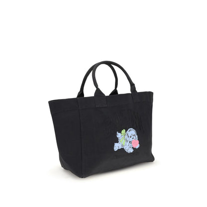 Ganni Black Recycled Cotton Shoulder Bag with playful puppy print, top handles, and embroidered logo. Large interior and zippered pocket.