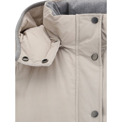 Close-up of Brunello Cucinelli Gray Polyester Coat with removable hood and button closure detail.