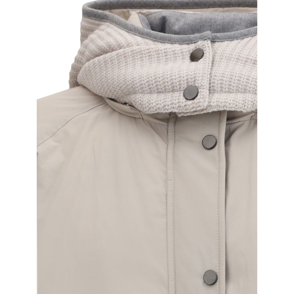 Brunello Cucinelli Gray Polyester Coat with removable reversible hood and front button closure, showcasing elegant minimalist design.