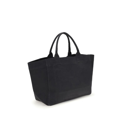 Ganni Black Cotton Shoulder Bag with top handles, spacious XXL canvas tote, featuring GANNI logo, perfect for versatile use.