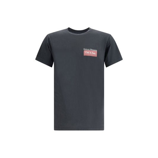 Margiela Black Cotton T-Shirt with printed logo and ribbed crew neck.