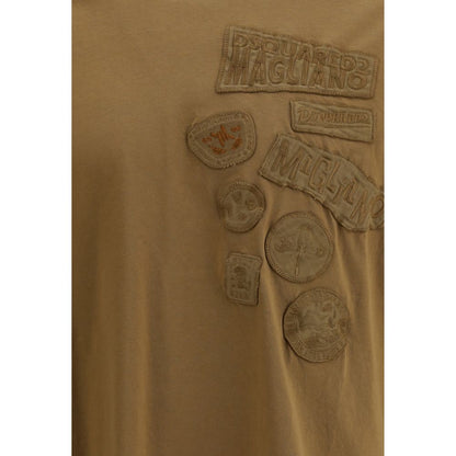 Dsquared² Brown Cotton Sportswear T-Shirt with embroidered patches and ribbed crew neck, showcasing bold and stylish designs.