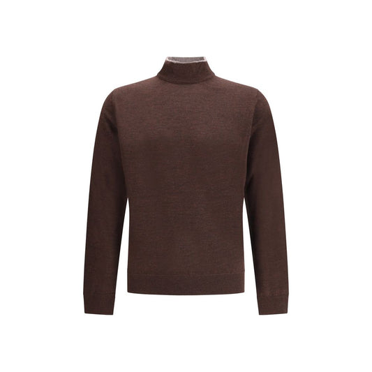 Cruna Brown Wool Turtleneck with high ribbed collar, showcasing elegant design and quality details for AW25 season.